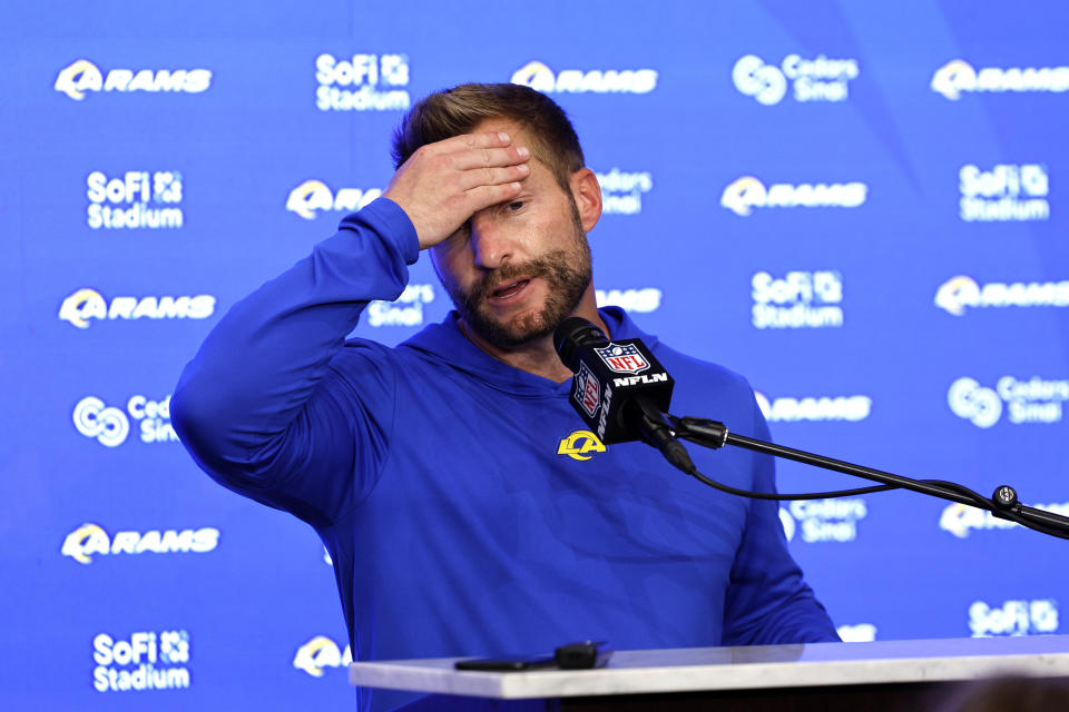 Los Angeles Rams head coach Sean McVay speaks during a news conference after the Philadelphia Eagles defeated the Rams 23-14 in an NFL football game against the Philadelphia Eagles Sunday, Oct. 8, 2023, in Inglewood, Calif. (AP Photo/Kevork Djansezian)