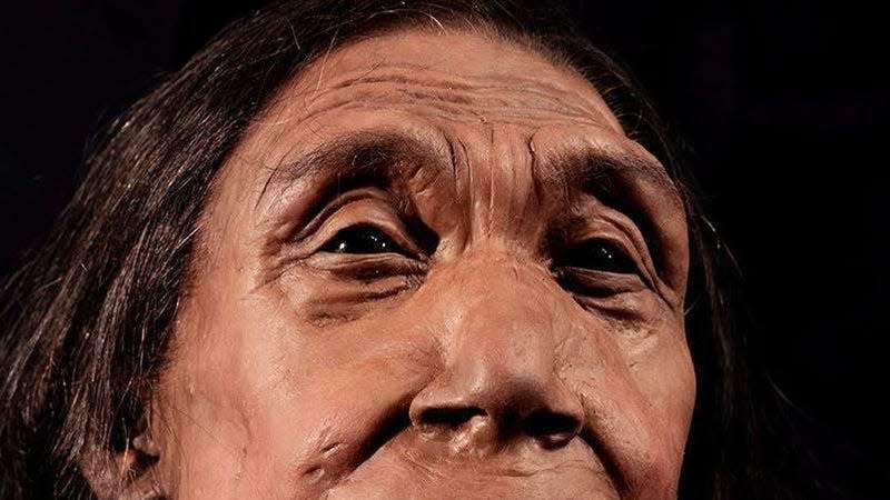 A close-up view of the female Neanderthal’s reconstructed face.<br> - Image: BBC Studios/Jamie Simonds