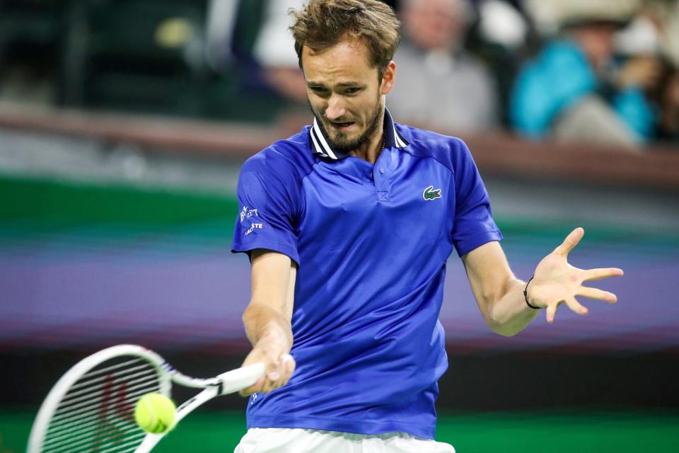Daniil Medvedev returnes to Sebastian Korda during their third-round match at the BNP Paribas Open in Indian Wells, Calif., on Monday, March 11, 2024.