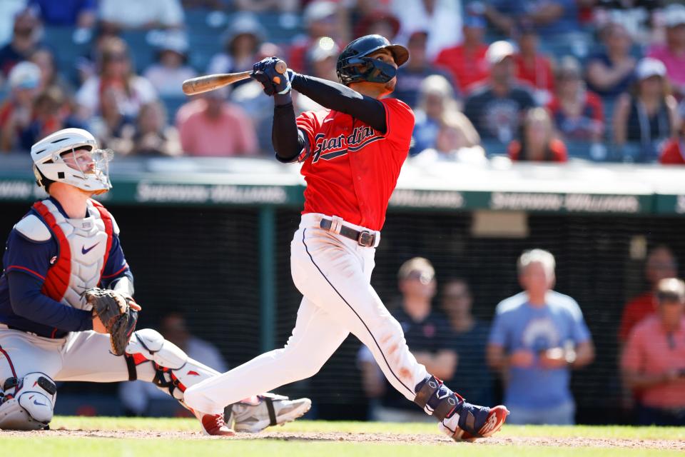 Guardians second baseman Andres Gimenez watches his game-winning, two-run home run against the Minnesota Twins during the ninth inning Thursday, June 30, 2022, in Cleveland.