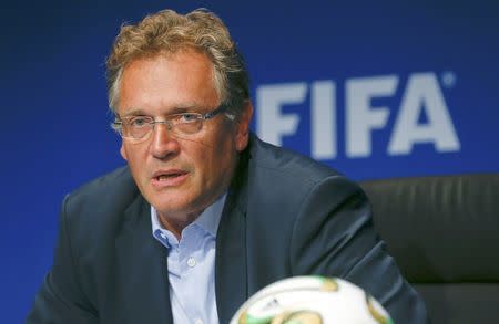 File photo of FIFA Secretary General Jerome Valcke addresseing a news conference after a meeting of the FIFA executive committee in Zurich September 26, 2014. REUTERS/Arnd Wiegmann