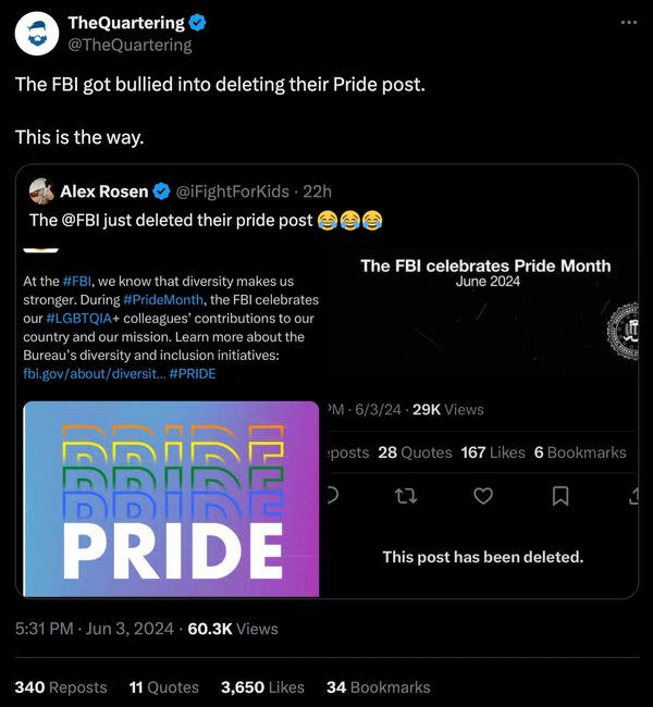Users on X claimed the FBI deleted a Pride Month message on their official X account celebrating diversity during the special month.