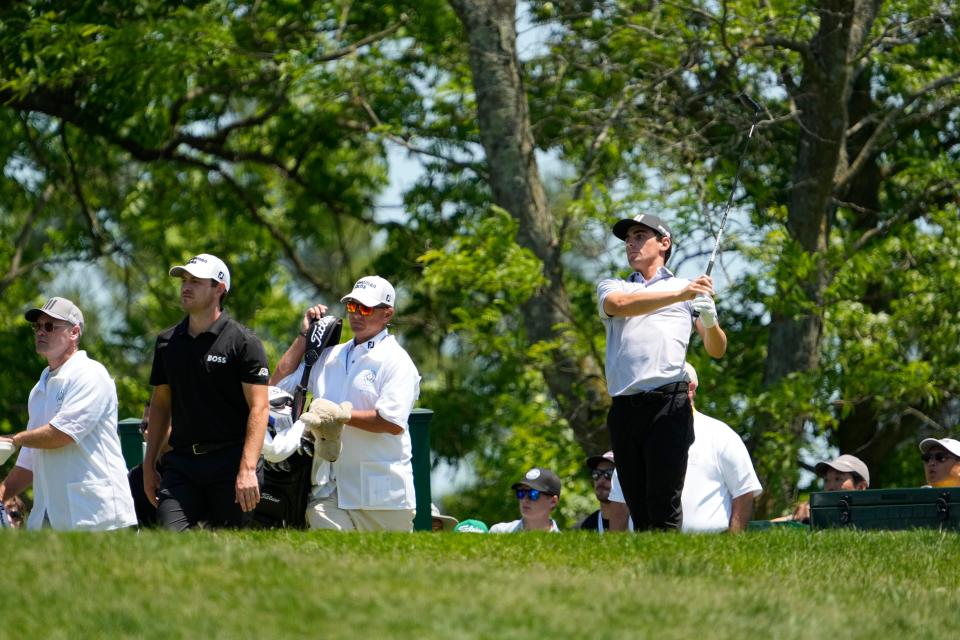 Jun 5, 2022; Dublin, Ohio, USA; Joaquin Niemann tees off on the 5th hole during the final round of the Memorial Tournament at Muirfield Village Golf Club on June 5, 2022. Mandatory Credit: Adam Cairns-The Columbus Dispatch