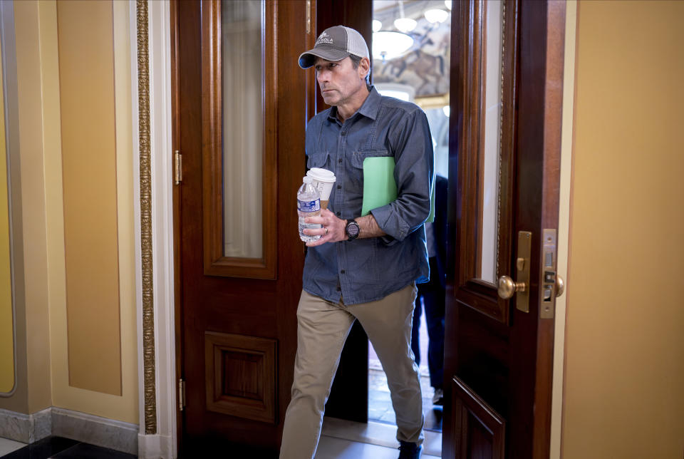 Rep. Garret Graves, R-La., top mediator in the debt limit talks for House Speaker Kevin McCarthy, R-Calif., leaves a meeting room after negotiations came to an abrupt halt, at the Capitol in Washington, Friday, May 19, 2023. Graves told reporters it's time to "press pause" and it's "just not productive" to continue at this point. (AP Photo/J. Scott Applewhite)