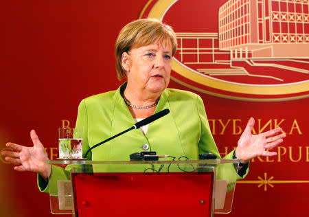 German Chancellor Angela Merkel speaks during a news conference in Skopje, Macedonia September 8, 2018. REUTERS/Ognen Teofilovski