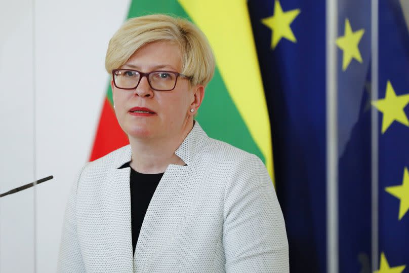 Prime Minister of Lithuania Ingrida Simonyte speaks during a news conference in Austria 2021.