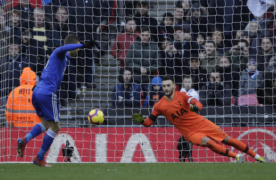 Leicester City's Jamie Vardy fails to score from a penalty shot during the English Premier League soccer match between Tottenham Hotspur and Leicester City at Wembley stadium in London, Sunday, Feb. 10, 2019. (AP Photo/Matt Dunham)