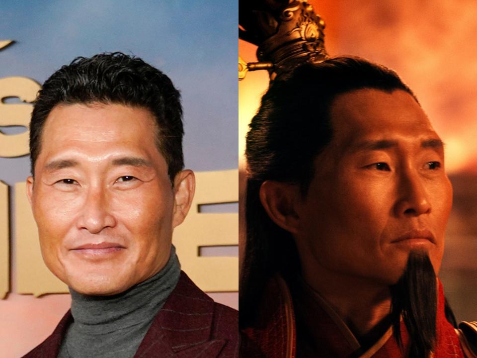 left: daniel dae kim in a grey turtleneck and red jacket, smiling with his hair slicked back; right: klm as fire lord ozai, with a long goatee, long black hair and a top knot