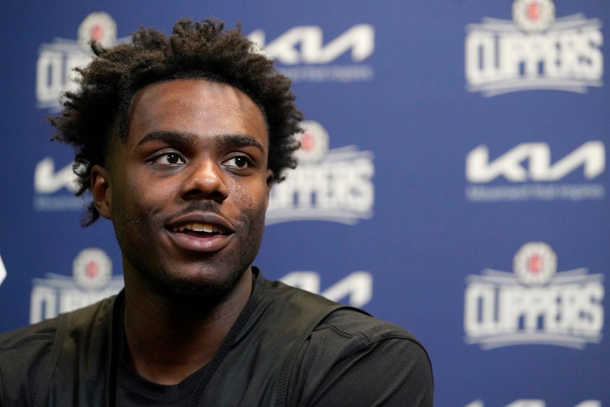 First-round draft pick Kobe Brown, selected 30th overall by Los Angeles Clippers, speaks at a news conference in Los Angeles on Saturday, July 1, 2023.