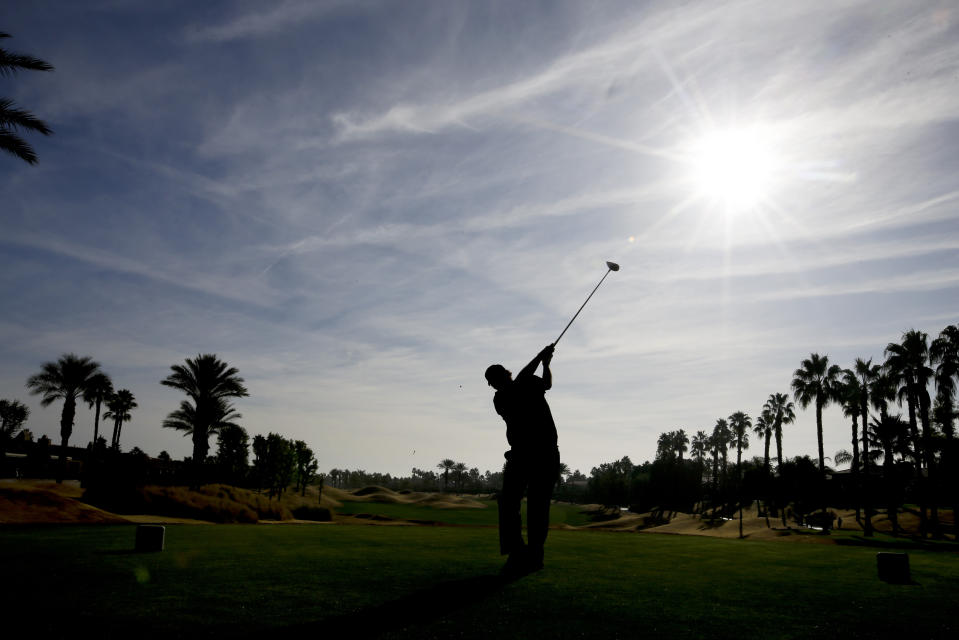 Phil Mickelson watches his tee shot on the 11th hole during the second round of the Desert Classic golf tournament on the Nicklaus Tournament Course at PGA West on Friday, Jan. 18, 2019, in La Quinta, Calif. (AP Photo/Chris Carlson)