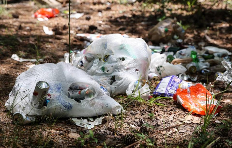 Trash bags filled with cans are seen in the woods near Sandy Beach on Bundrick Island on Lake Murray in Lexington on Monday, May 27, 2024.