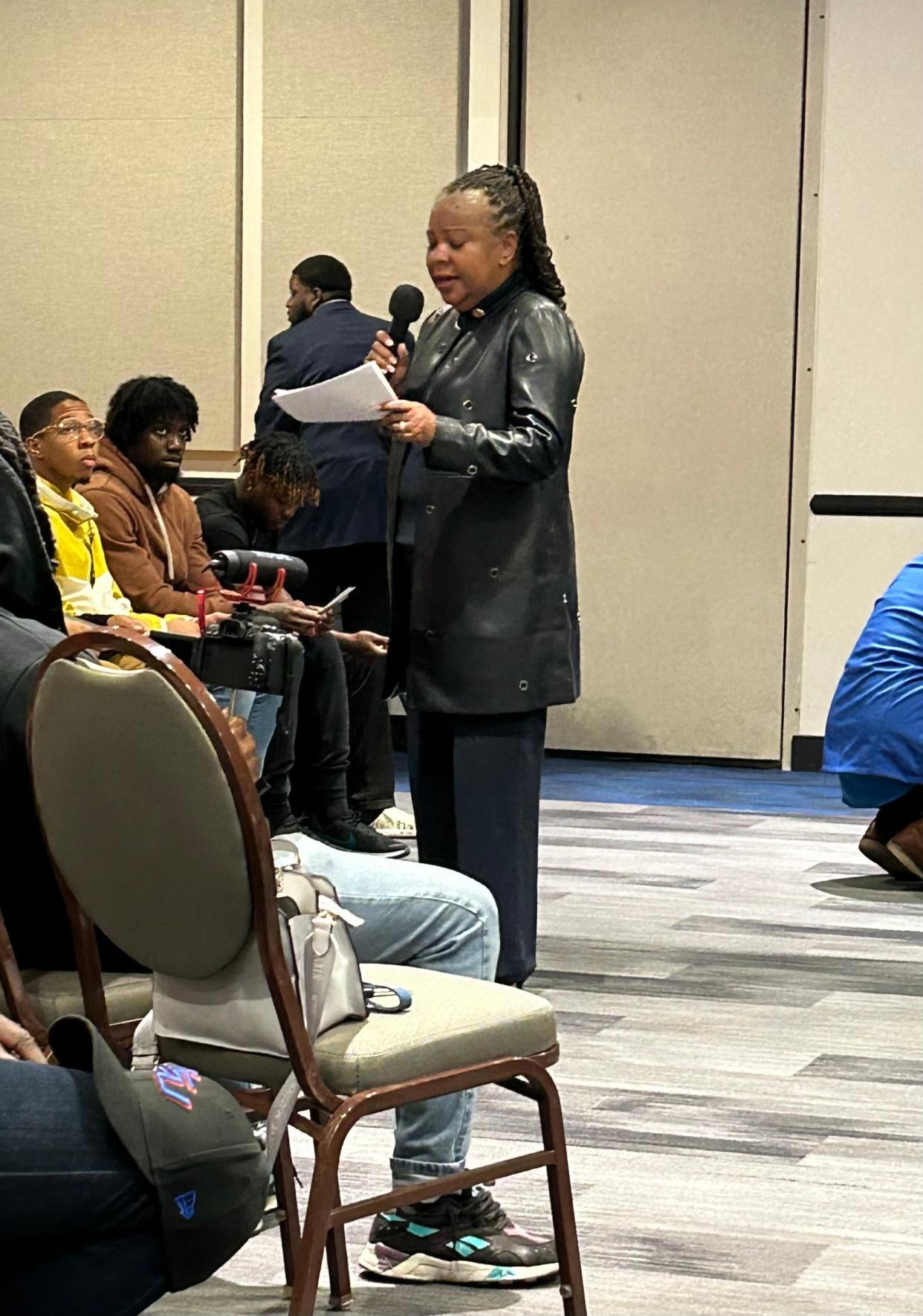 Savannah State Interim President, Cynthia Robinson Alexander addresses students during a Student Government Association forum on Wednesday Feb. 21, 2024 at the university's Student Union. Alexander addressed concerns about possible cuts to the arts program.
