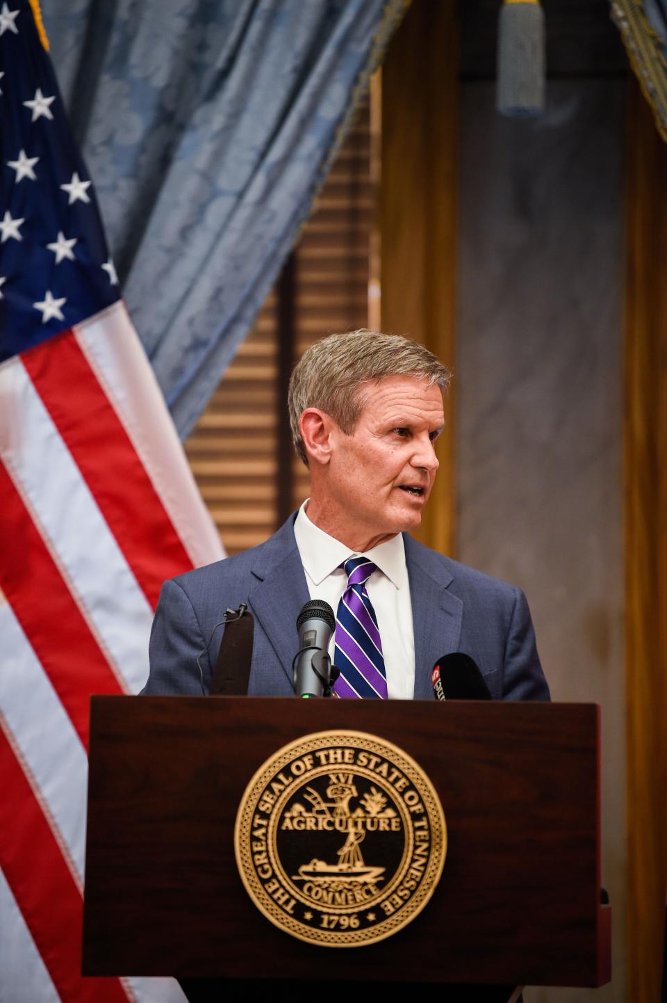 Governor Bill Lee made an announcement, issuing an executive order requiring schools to allow parents to exempt their children from mask mandates at the Tennessee State Capitol in Nashville, Tenn., Monday, Aug. 16, 2021.