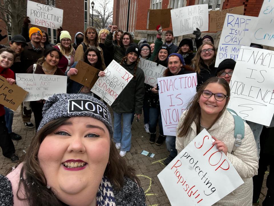 Marshall University students protest on campus on November 18, 2022, following a USA TODAY investigation into the school's handling of Title IX cases.