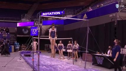 Reigning national champ Maya Bordas scores a 9.9 on bars for California