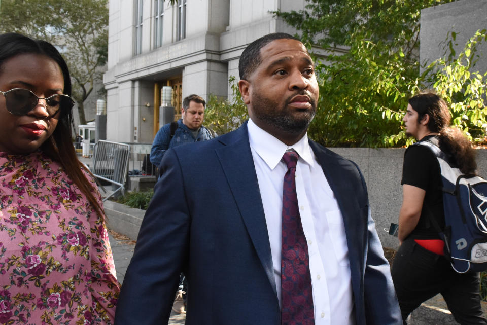 Emanuel Richardson exits the Federal Courthouse in Manhattan on Oct. 10, 2017 in New York. Richardson has agree to a plea deal in the college basketball fraud case. (Getty Images)