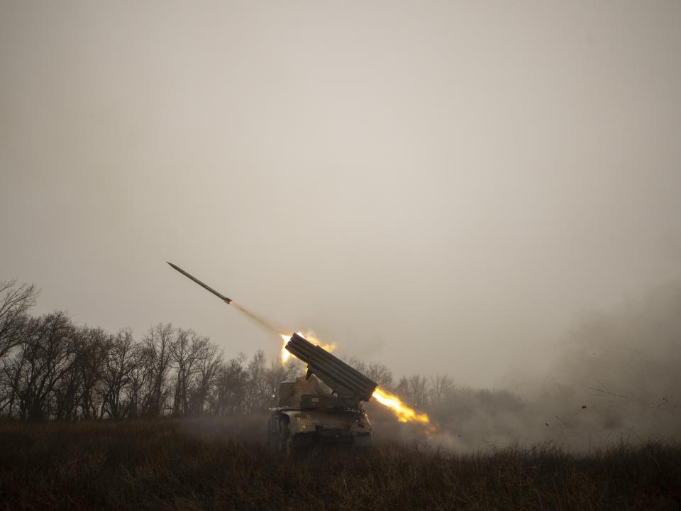 A view of the "Grad" artillery battery as it fires, in Donetsk Oblast, Ukraine on January 29, 2023.