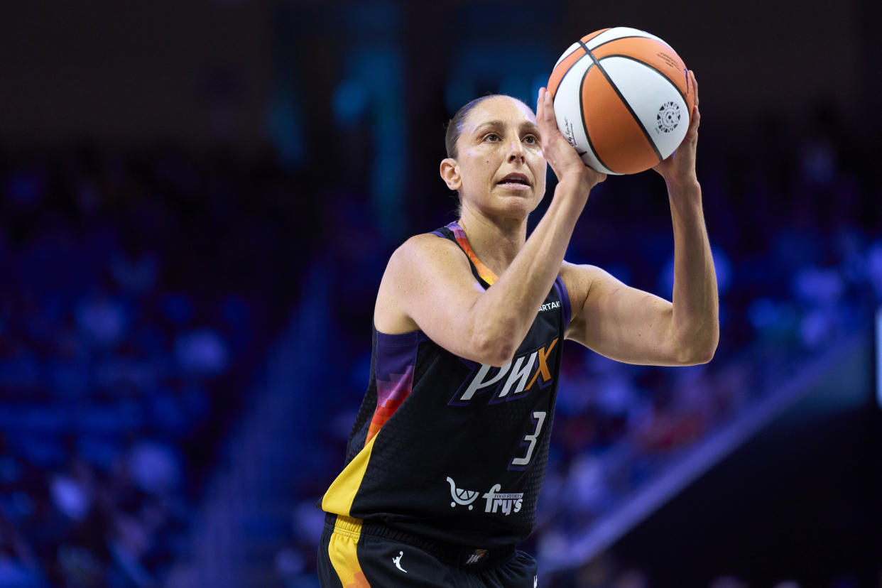 ARLINGTON, TEXAS - JULY 03: Diana Taurasi #3 of the Phoenix Mercury shoots the ball against the Dallas Wings at the College Park Center on July 3, 2024 in Arlington, Texas. NOTE TO USER: User expressly acknowledges and agrees that, by downloading and or using this photograph, User is consenting to the terms and conditions of the Getty Images License Agreement.  (Photo by Cooper Neill/Getty Images)