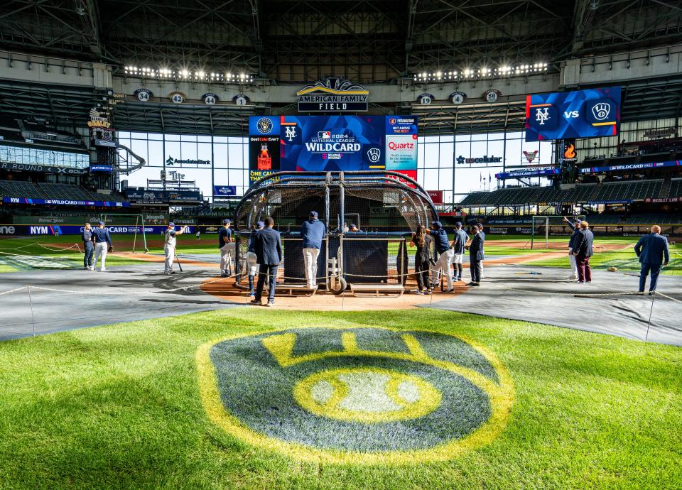 Milwaukee Brewers take batting practice before Game 3 of National League wild-card series against the New York Mets on Thursday October 3, 2024 at American Family Field in Milwaukee, Wis.