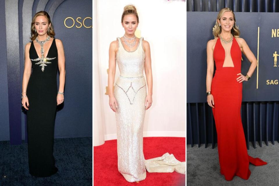 FROM LEFT: Blunt wears Miu Miu to the Governors Awards, Loewe to the Oscars, and Louis Vuitton to the SAG Awards. Images: Getty