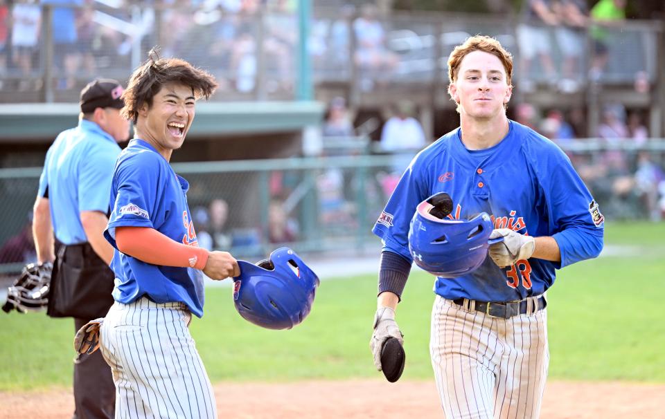 Rikuu Nishida reacts after a homerun by Mitch Jebb brought the pair both home against Cotuit on July 27, 2022, in Cotuit.