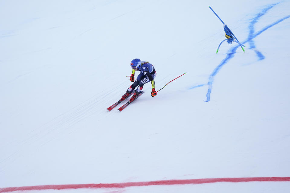 United States' Mikaela Shiffrin speeds down the course on her way to cross the finish line and win an alpine ski, women's World Cup giant slalom race, in Lienz, Austria, Thursday, Dec. 28, 2023. (AP Photo/Giovanni Auletta)