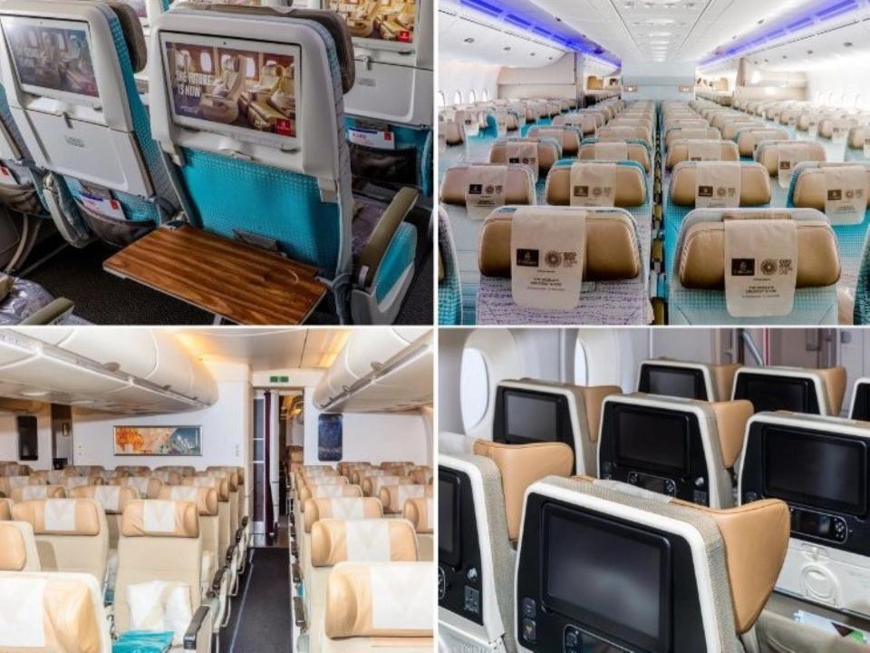 Emirates economy cabin with seatbacks and wood tray table, stitched with Etihad economy with winged headrests.