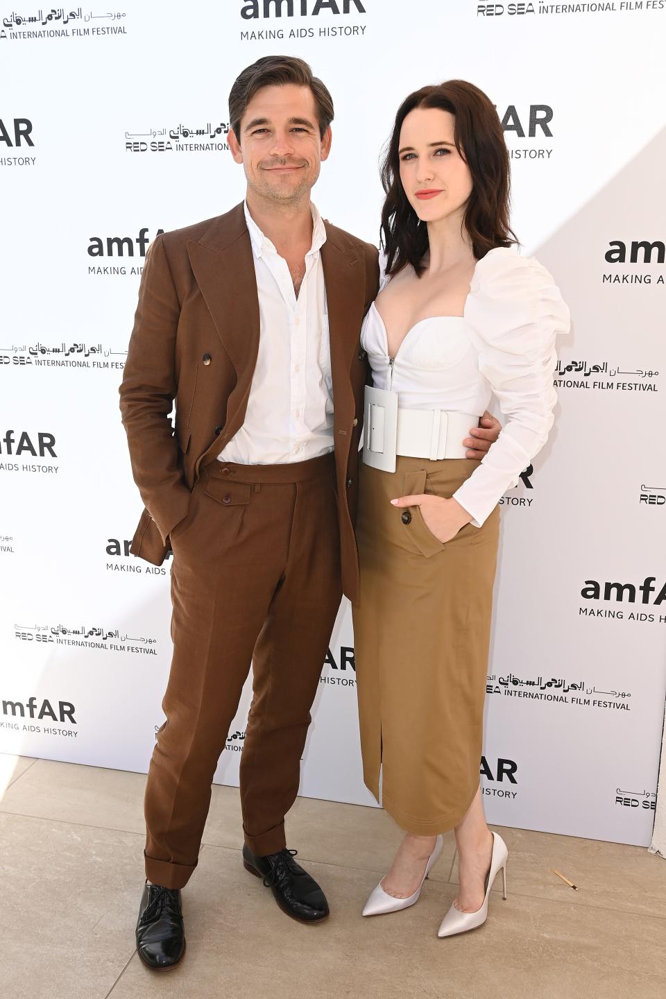 Jason Ralph and Rachel Brosnahan attend celebration of Cinema, Pre-amfAR gala lunch hosted by the Red Sea International Film Festival during the 74th annual Cannes Film Festival on July 15, 2021 in Antibes, France.