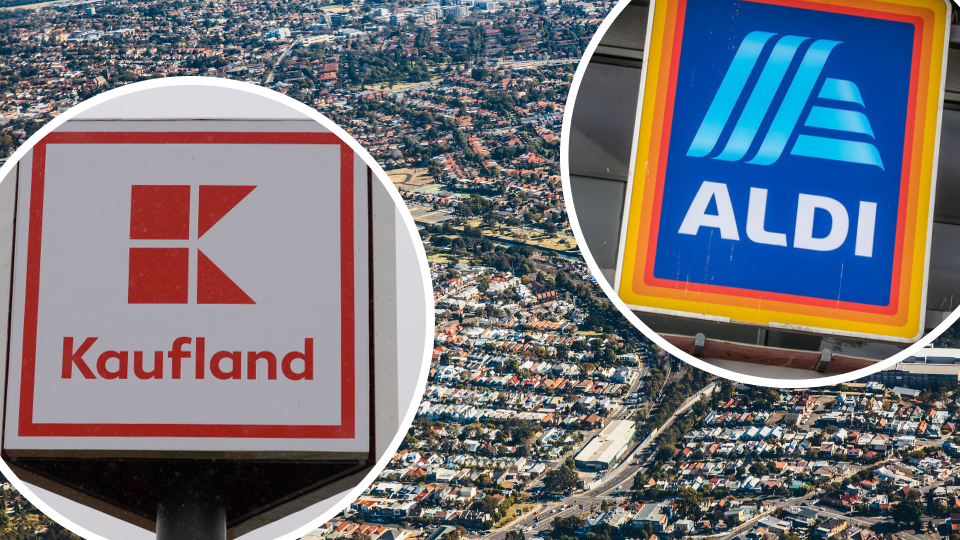 Pictured: Aldi logo, Kaufland logo, south Sydney. Images: Getty