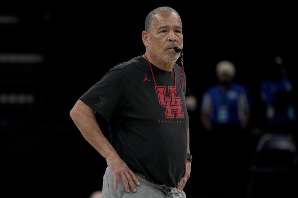 Houston head coach Kelvin Sampson looks onto the court during a practice session for the team's first-round college basketball game in the NCAA Tournament, Thursday, March 21, 2024, in Memphis, Tenn. (AP Photo/George Walker IV)