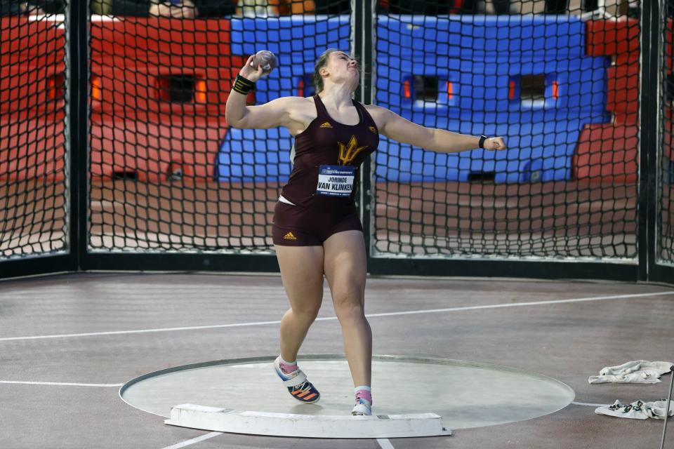 Mar 12, 2022; Birmingham, AL, USA; Jorinde Van Klinken of Arizona State wins the women's shot put at 62-7 1/4 during the NCAA Indoor Track & Field championships at the CrossPlex.