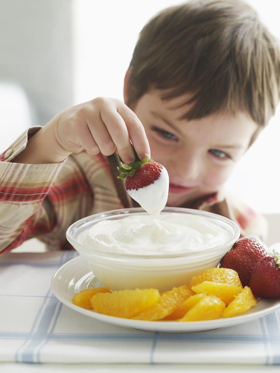 <p>Grab a portion controlled handful of pretzels or a few pieces of fruit and <strong>dip it into yogurt for a far less sugary option </strong>than the yogurt candy chip varieties.</p>