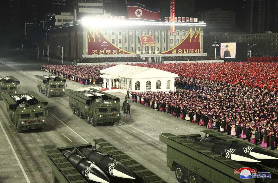 In this photo provided by the North Korean government, missiles are seen on truck a military parade marking the ruling party congress, at Kim Il Sung Square in Pyongyang, North Korea Thursday, Jan. 14, 2021. Independent journalists were not given access to cover the event depicted in this image distributed by the North Korean government. The content of this image is as provided and cannot be independently verified. Korean language watermark on image as provided by source reads: "KCNA" which is the abbreviation for Korean Central News Agency. (Korean Central News Agency/Korea News Service via AP)