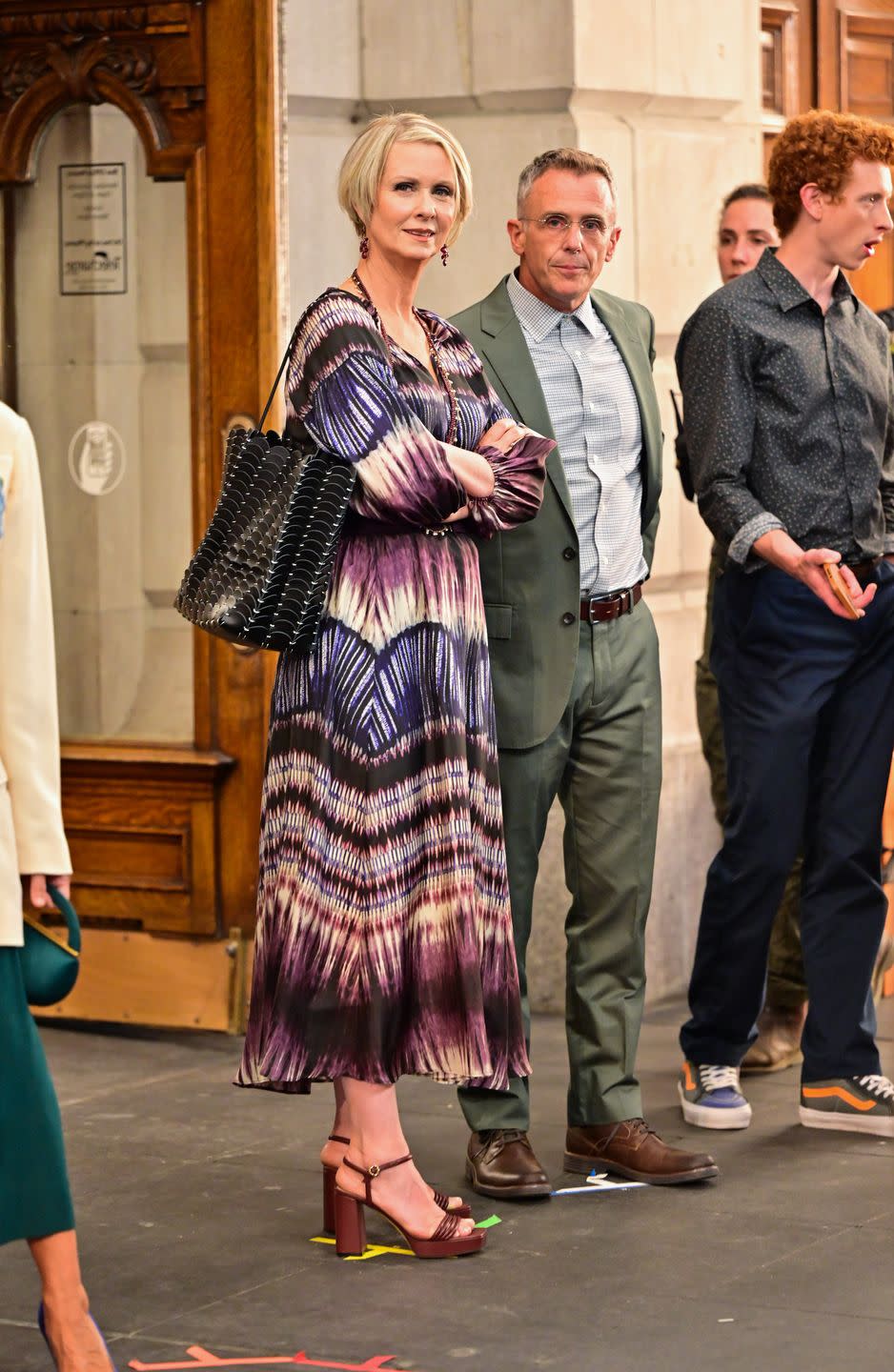 <p>Cynthia Nixon as Miranda was seen reuniting with on-screen husband Steve (played by David Eigenberg) for the scenes, wearing a silky tie-dye skirt and blouse by Gerard Darel with Gianvito Rossi platforms. Eigenberg wore a smart green suit. </p><p><a class="link " href="https://www.24s.com/en-gb/lena-sandals-gianvito-rossi_GIAVHB8J" rel="nofollow noopener" target="_blank" data-ylk="slk:SHOP THE SHOES;elm:context_link;itc:0;sec:content-canvas">SHOP THE SHOES</a></p>