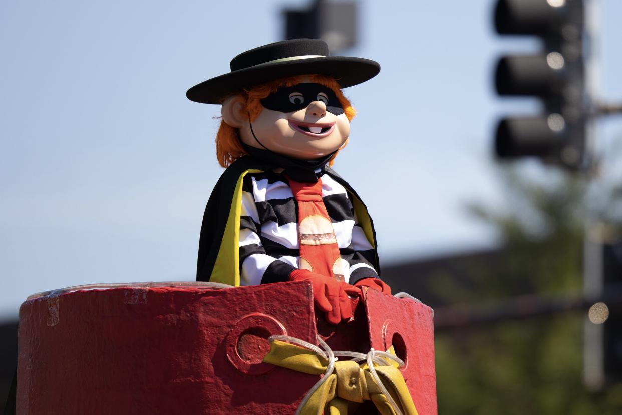 Chicago, Illinois, USA - August 8, 2019: The Bud Billiken Parade, Hamburglar riding on a float promoting McDonalds.