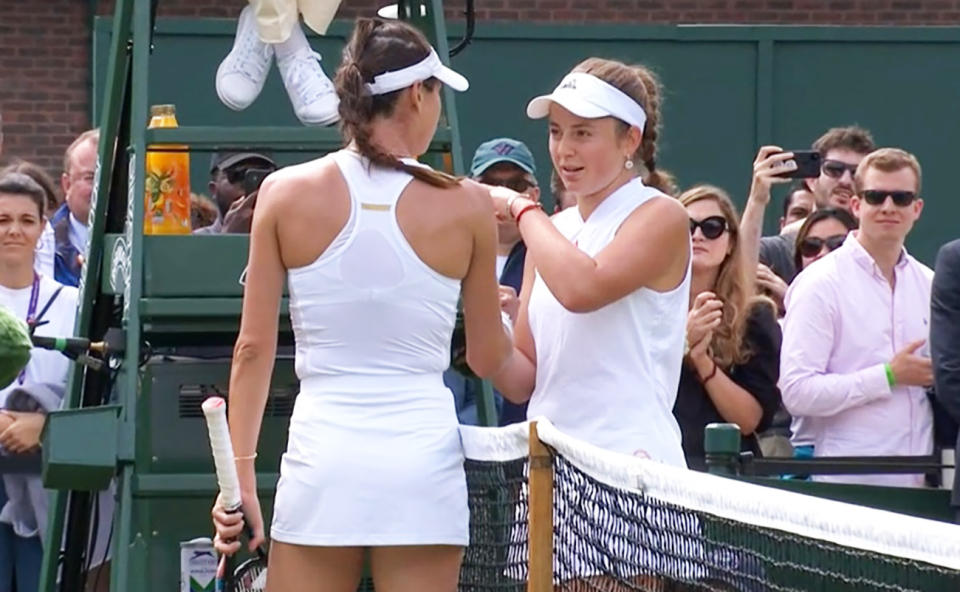 Ajla Tomljanovic and Jelena Ostapenko, pictured here at Wimbledon in 2021. 