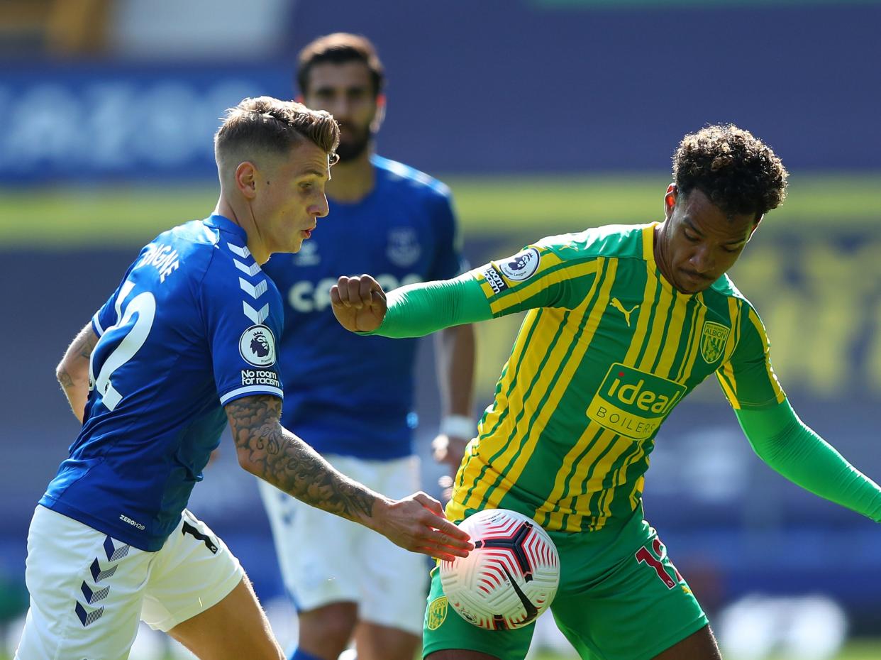 Lucas Digne of Everton challenges West Brom’s Matheus Pereira for the ball (Getty Images)