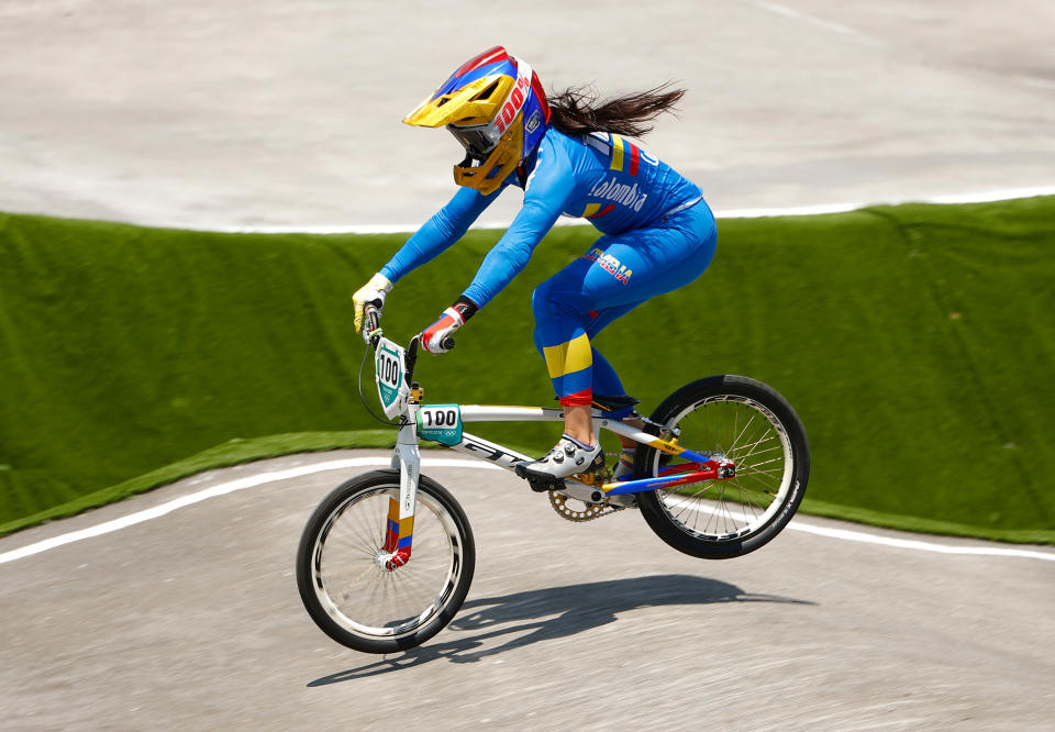 TOKYO, JAPAN - JULY 29: Mariana Pajon of Team Colombia jumps during the Women's BMX quaterfinal heat 1, run 3 on on day six of the Tokyo 2020 Olympic Games at Ariake Urban Sports Park on July 29, 2021 in Tokyo, Japan. (Photo by Ezra Shaw/Getty Images)