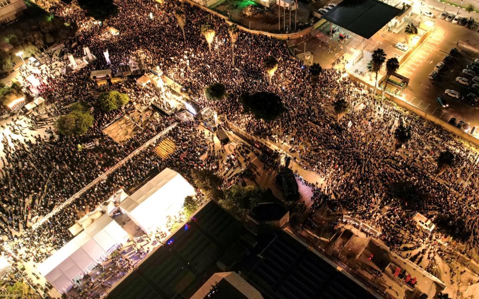 People rally for the release of hostages kidnapped by Hamas on the October 7 attack