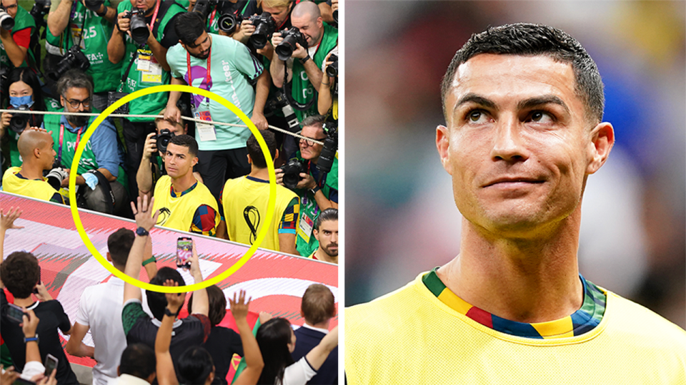 Cristiano Ronaldo (pictured left) being photographed on the bench and (pictured right) reacting on the sideline.