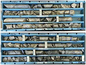 MD 16 Tray 39 – 40. Fresh sulphide Leven Star intersection. 14 m @ 6.1 g/t Au from 120 m incl. 7.6 m @ 6.7 g/t Au from 121.9 m & 3 m @ 11.1 g/t Au from 131 m. Silt and fine sand package with abundant arsenopyrite stringers and disseminations throughout becoming moderately silicified in places. Gold values increase with appearance of white quartz stocking at 132 m.