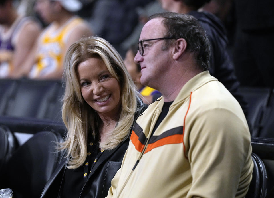 LOS ANGELES, CA - NOVEMBER 30: Owner of the Los Angeles Lakers Jeanie Buss and Jay Mohr attend the Los Angeles Lakers and Portland Trail Blazers game at Crypto.com Arena on November 30, 2022 in Los Angeles, California. NOTE TO USER: User expressly acknowledges and agrees that, by downloading and or using this photograph, User is consenting to the terms and conditions of the Getty Images License Agreement. (Photo by Kevork Djansezian/Getty Images)