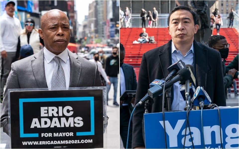 Eric Adams, left, and Andrew Yang are both close to big business and supportive of traditional policing. Progressives are trying to decide who is a bigger threat to their priorities. (Photo: Getty Images)