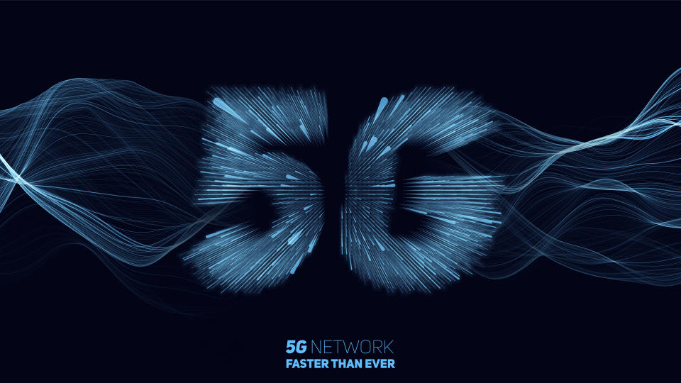 Vector abstract 5G new wireless internet connection background. Global network high speed network. 5G symbol construted with glowing lines with a lightspeed burst on background