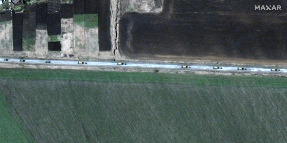 This satellite image provided by Maxar Technologies shows an overview of trucks with towed artillery moving the south, around Velykyi Burluk, east of Kharkiv, eastern Ukraine, on April 8, 2022. (Satellite image ©2022 Maxar Technologies via AP)
