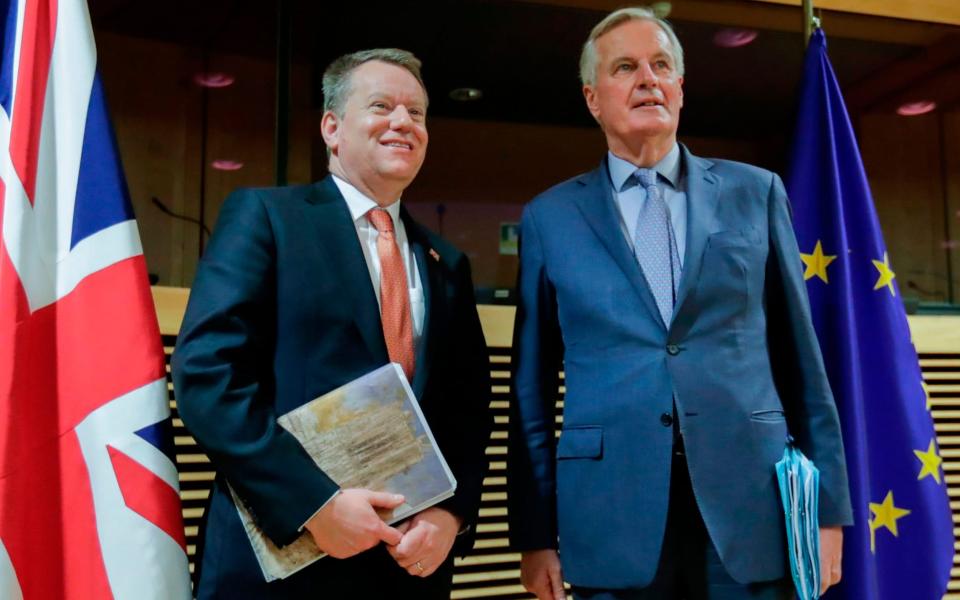 David Frost, the UK's chief negotiator, with Michel Barnier in Brussels in March. - Olivier Hoslet/AFP