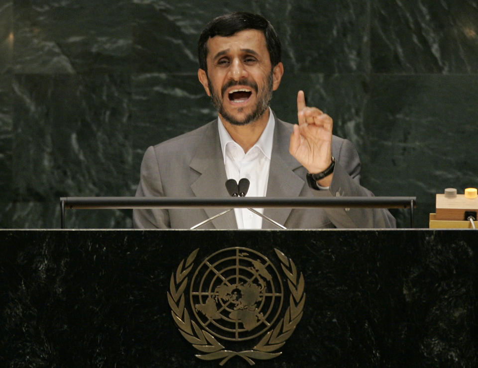 FILE - In this Sept. 25, 2007, file photo, Iranian President Mahmoud Ahmadinejad addresses the 62nd session of the United Nations General Assembly at the United Nations Headquarters. Iran has often commanded center stage at the annual U.N. gathering of world leaders, turning the organization’s headquarters into an arena for arguments over the Persian Gulf’s daily complexities and hostilities. At times, Ahmadinejad's incendiary statements at the U.N. would overshadow all else. (AP Photo/Ed Betz, File)
