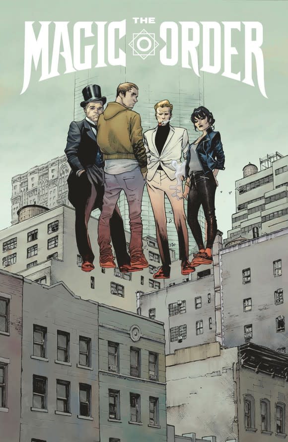 The cover of the comic book The Magic Order, which shows four people levitating above an industrial area of a city