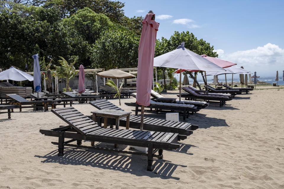  A nearly empty beach in a tourist area of Sanur in Bali, Indonesia, 05 August 2021