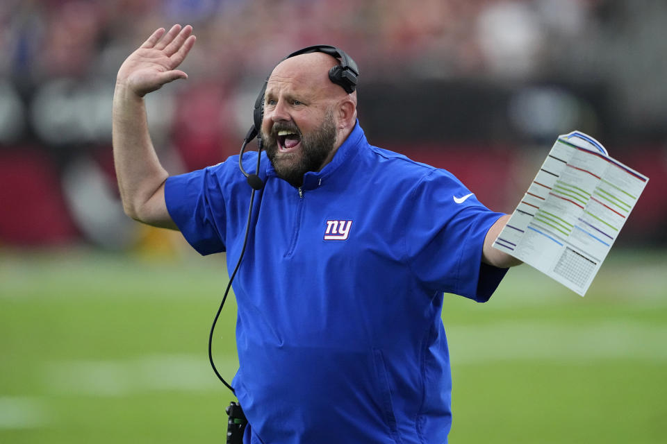 New York Giants head coach Brian Daboll reacts after a play during the second half of an NFL football game between the Arizona Cardinals and the New York Giants, Sunday, Sept. 17, 2023, in Glendale, Ariz. (AP Photo/Matt York)